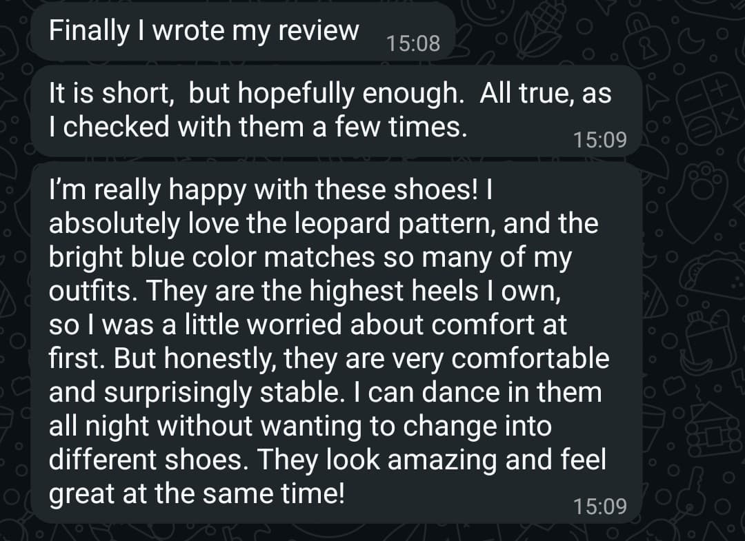 Customer review message about LLD dance shoes