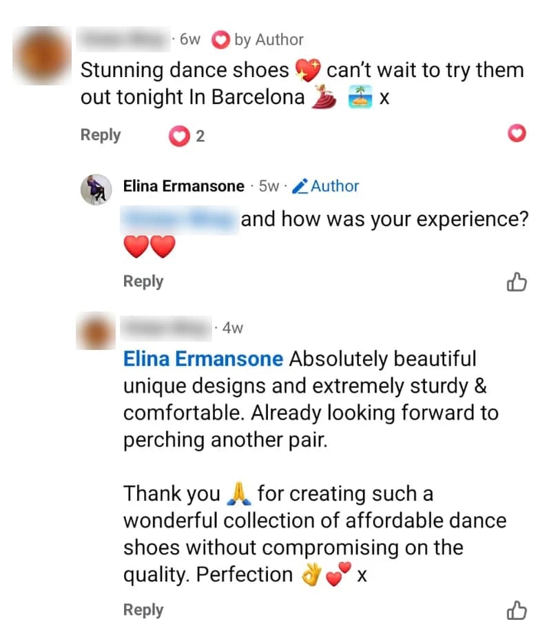 Facebook comment praising LLD dance shoes