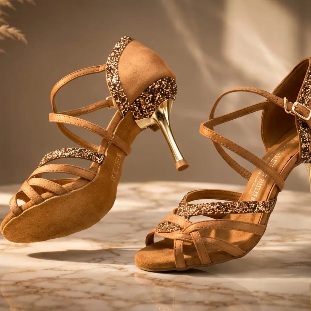 A pair of LLD tan satin dance heels with glitter trim